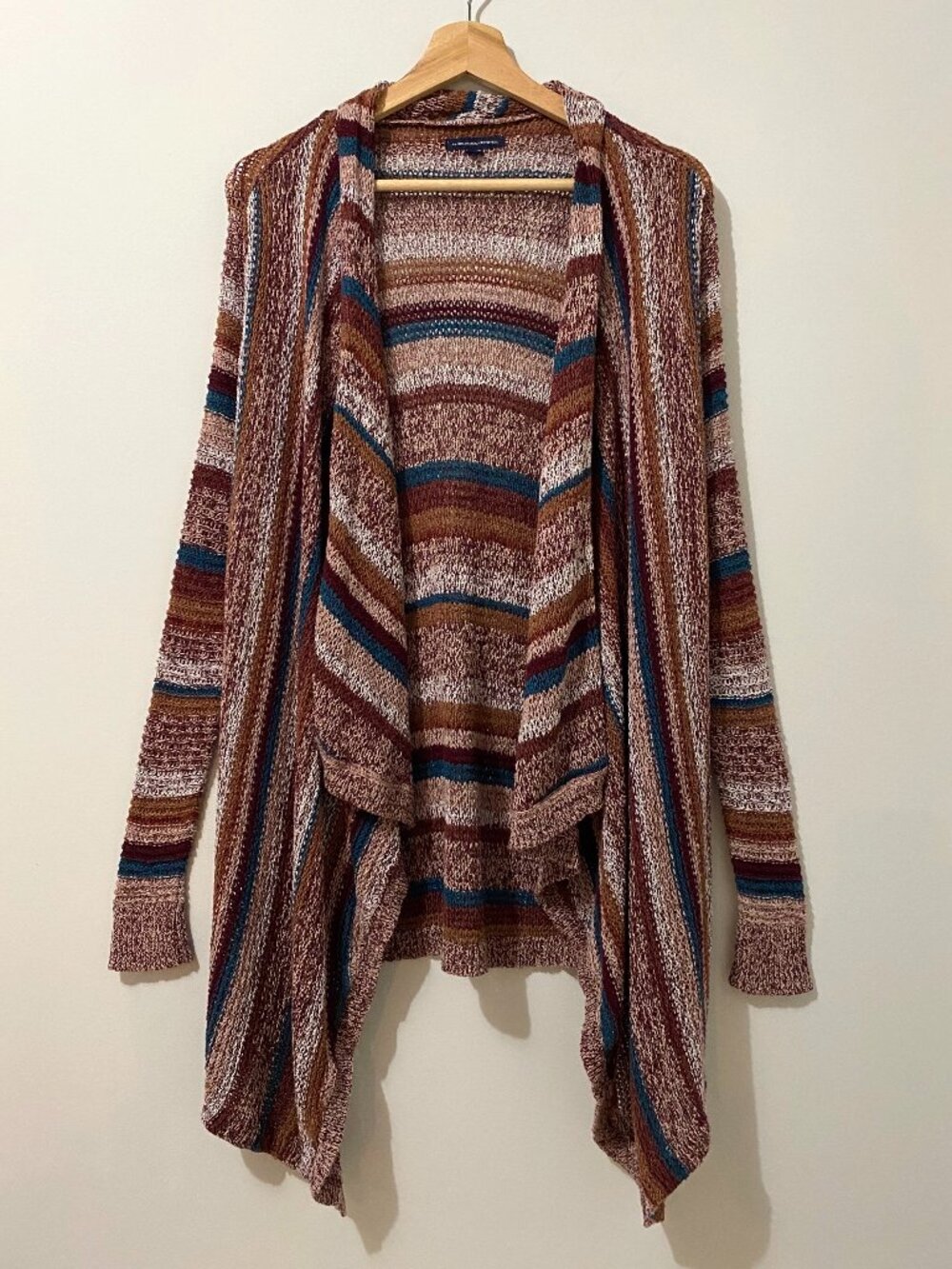 Multicolour Striped Knit Cardigan Open-Front Waterfall Boho Artsy Earthy Cotton